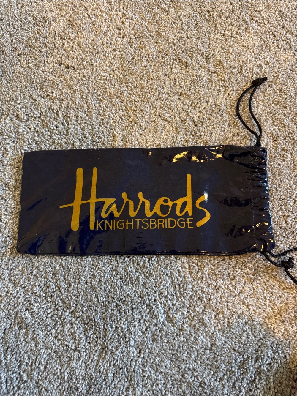 Harrods Navy Patent Drawstring Pouch with Gold Logo